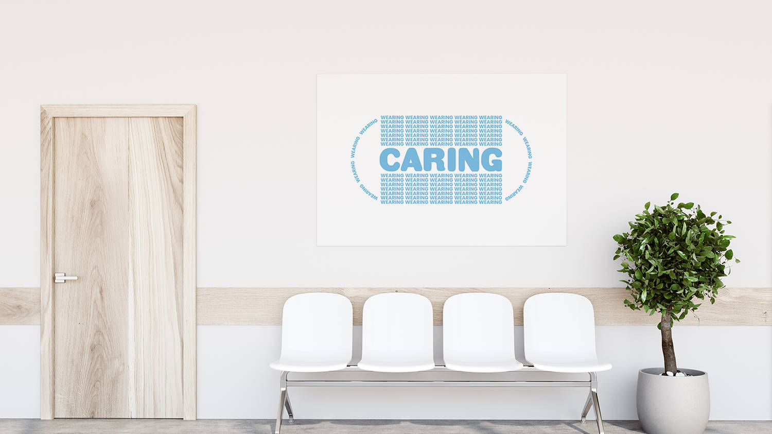 A hospital waiting room with a door, four white chairs, a plant, and a poster on the wall.