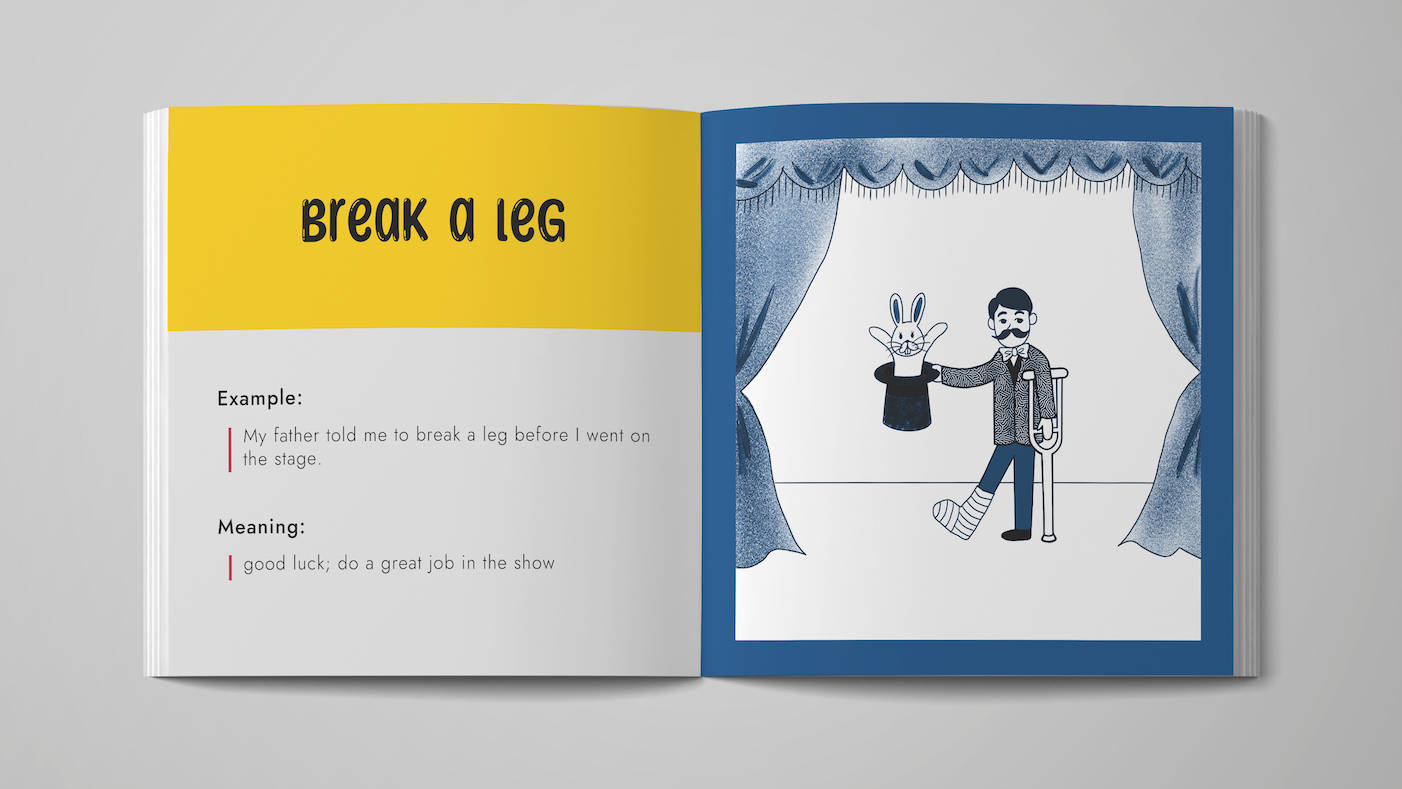 The image shows a mock-up of an opened picture book. An idiom 