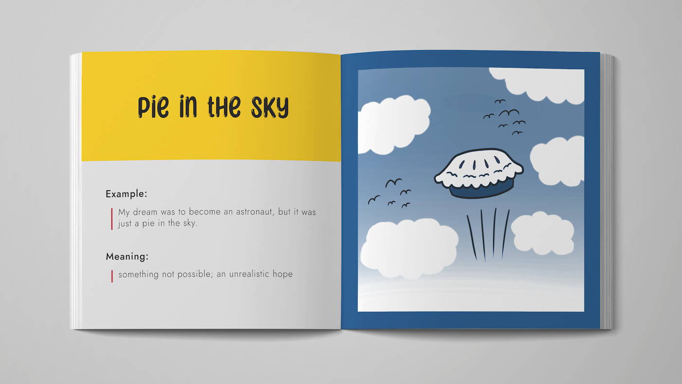 The image shows a mock-up of an opened picture book. An idiom 