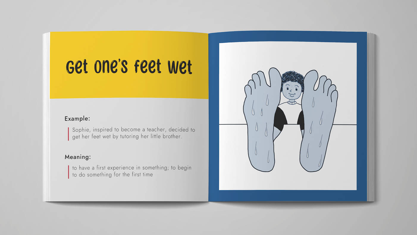 The image shows a mock-up of an opened picture book. An idiom 