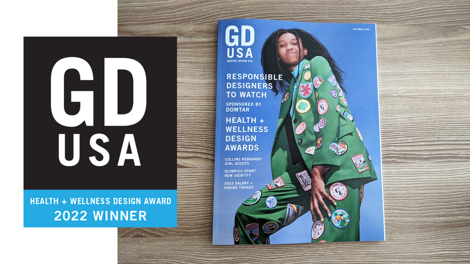 A cover of a Graphic Design USA magazine and a banner showing HEALTH + WELLNESS DESIGN AWARDS 2022 WINNER