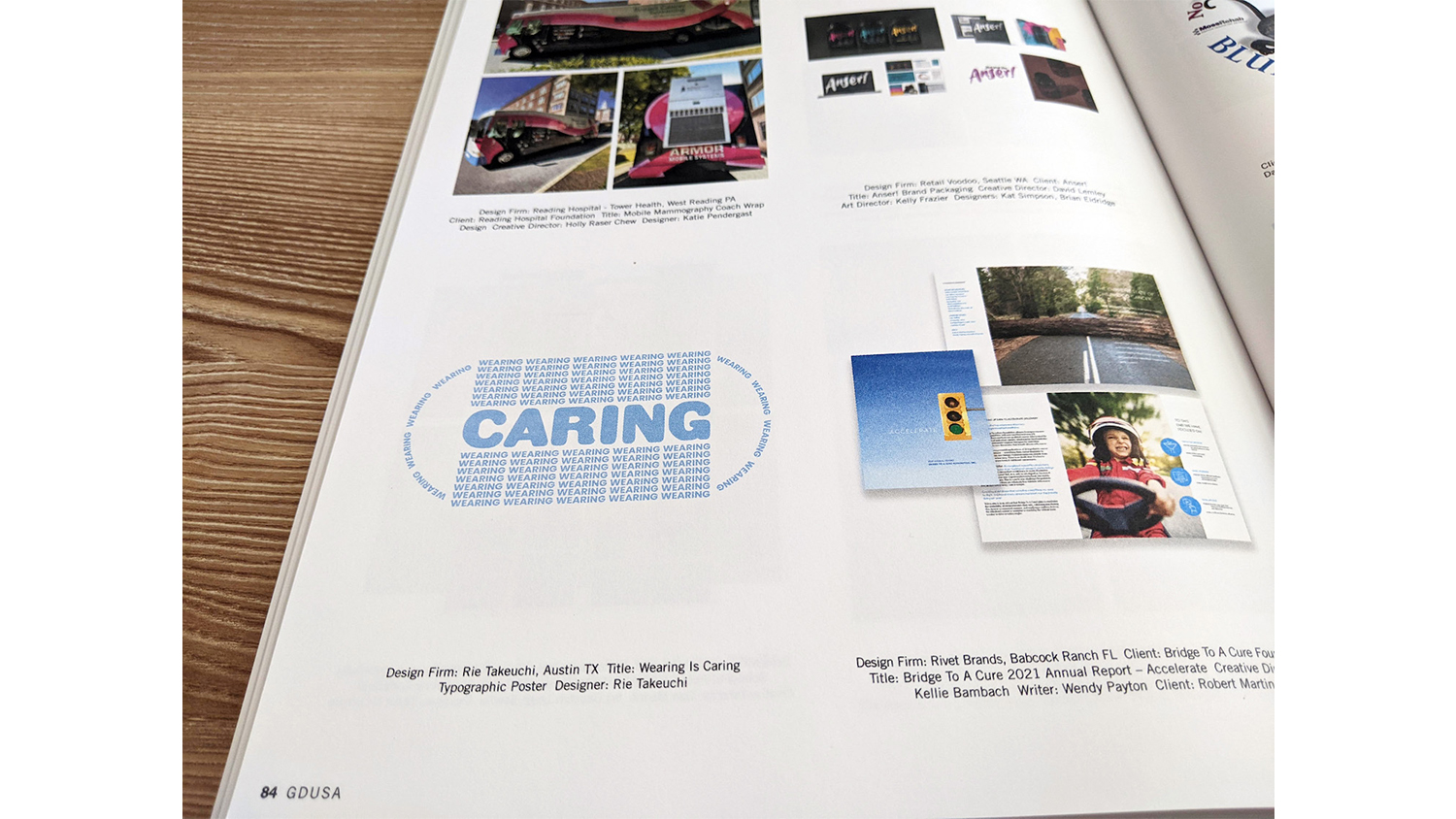 Magazine spread showcasing graphic design projects, including an image of a light blue medical face mask created from the words 'wearing' and 'caring' on a white background.