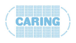 An image of a light blue medical face mask created from the words 'wearing' and 'caring' on a white background.